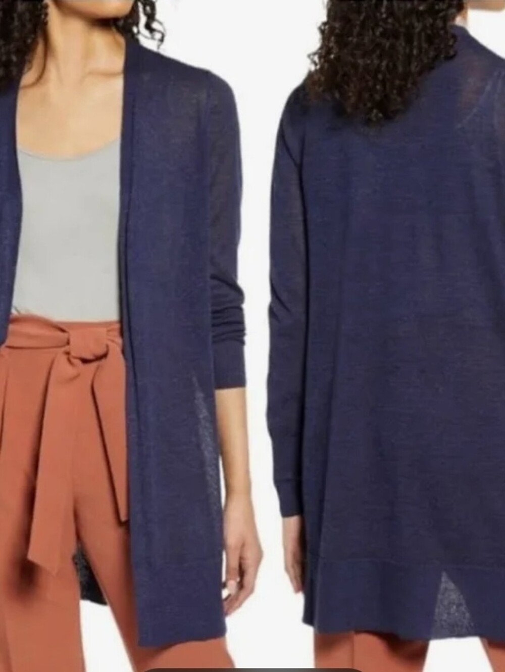 Halogen Side Slit Linen Blend Open-Front Navy Lightweight Cardigan Sweater